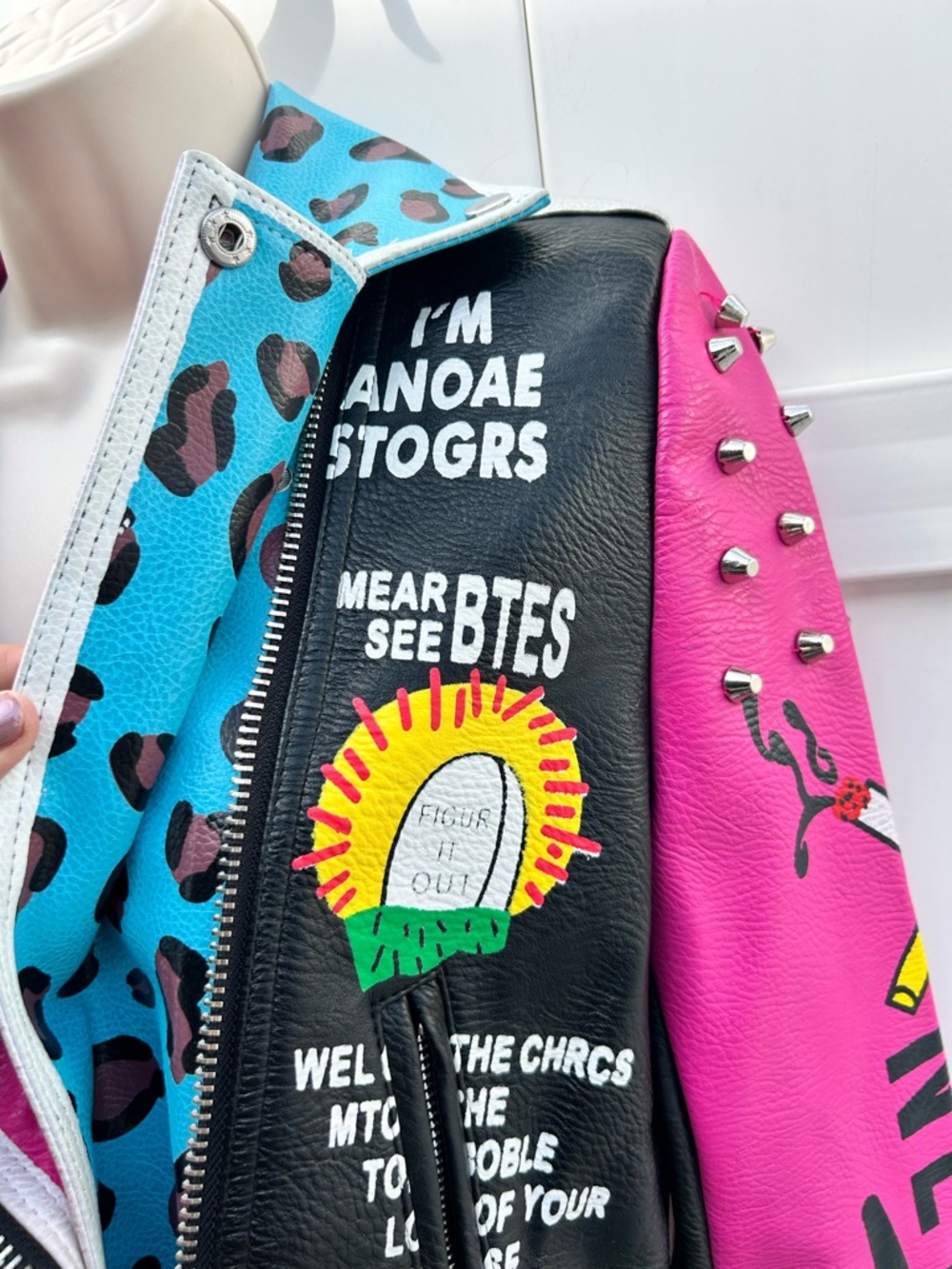 Street Punk Pleather Studded Black & Pink Graphic Biker Moto Jacket | Size XL - Picture 6 of 14